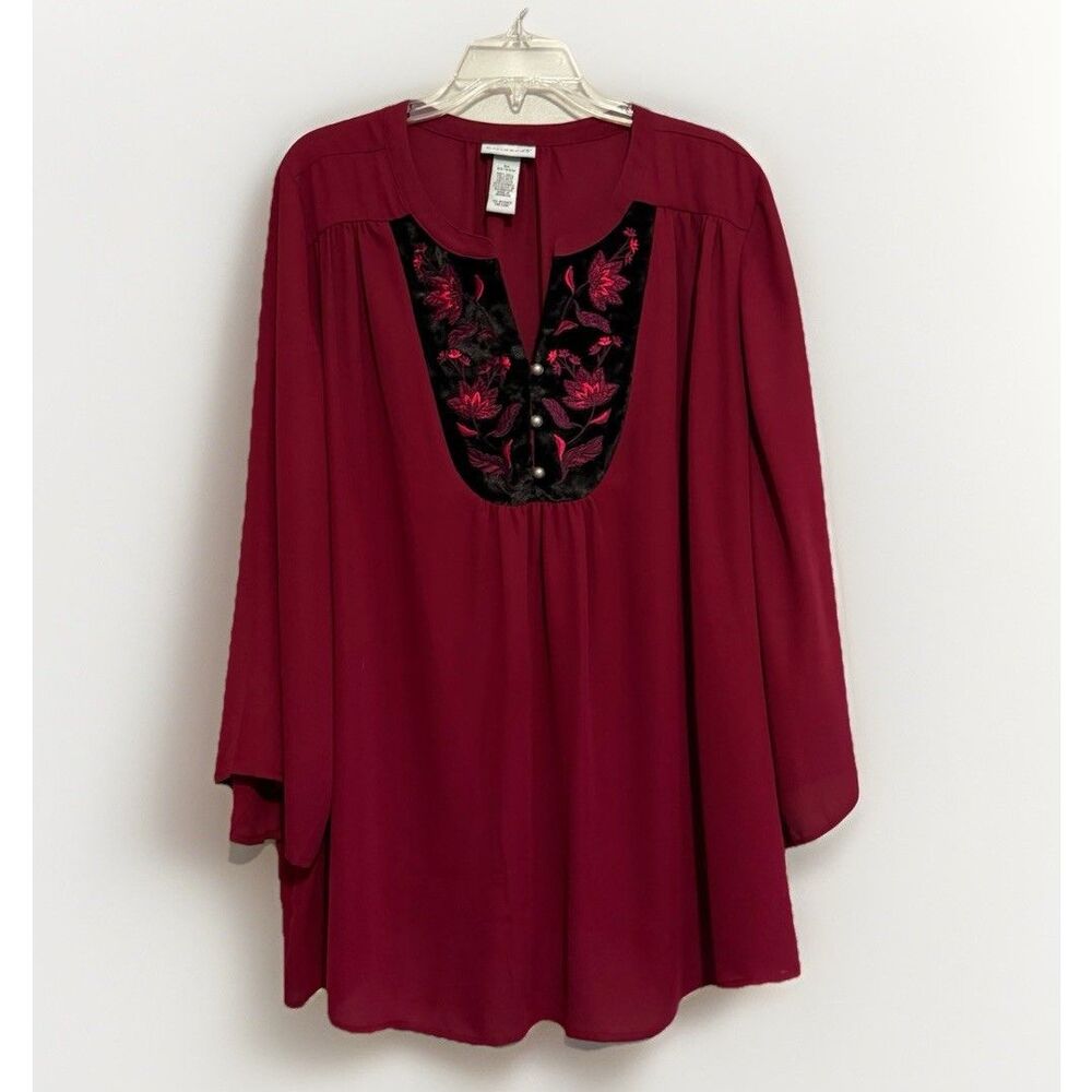 Catherines 2X Blouse Top Floral Velvet Accent Flowy Flared Sleeve Maroon Classic - Picture 2 of 12